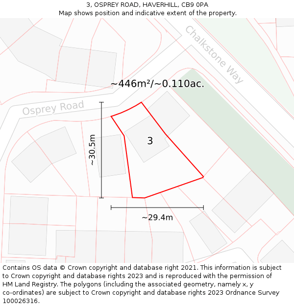 3, OSPREY ROAD, HAVERHILL, CB9 0PA: Plot and title map