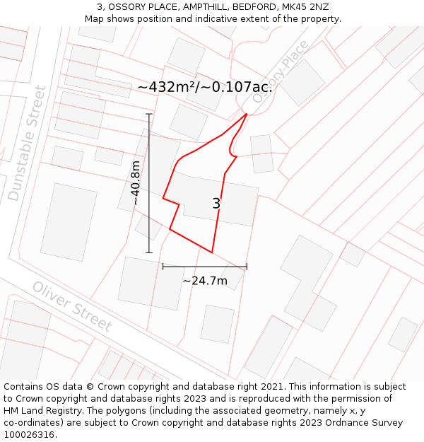 3, OSSORY PLACE, AMPTHILL, BEDFORD, MK45 2NZ: Plot and title map