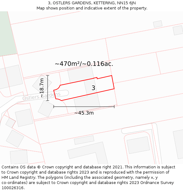3, OSTLERS GARDENS, KETTERING, NN15 6JN: Plot and title map