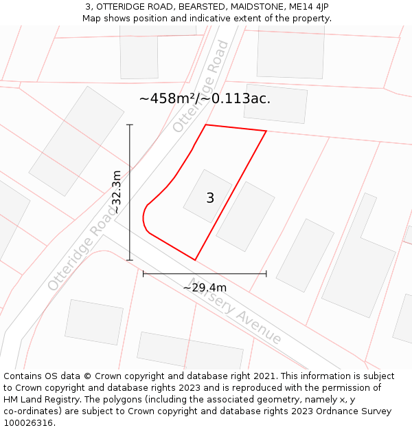 3, OTTERIDGE ROAD, BEARSTED, MAIDSTONE, ME14 4JP: Plot and title map