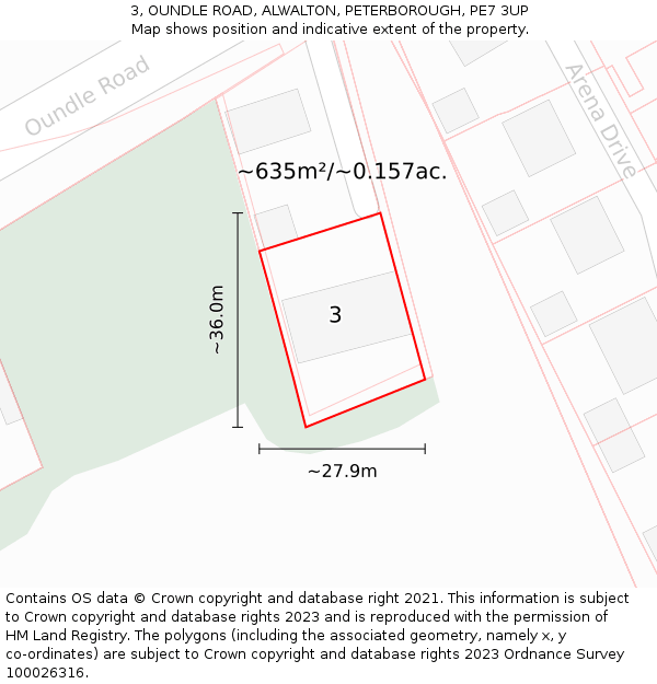3, OUNDLE ROAD, ALWALTON, PETERBOROUGH, PE7 3UP: Plot and title map