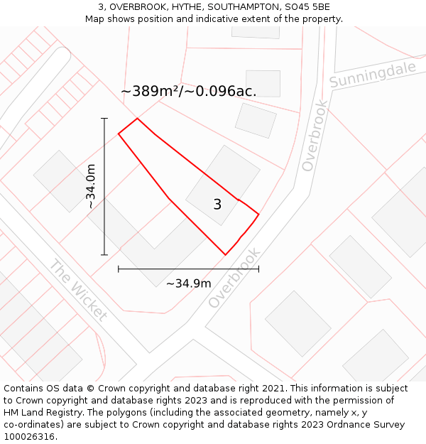 3, OVERBROOK, HYTHE, SOUTHAMPTON, SO45 5BE: Plot and title map