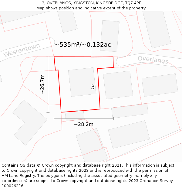 3, OVERLANGS, KINGSTON, KINGSBRIDGE, TQ7 4PF: Plot and title map