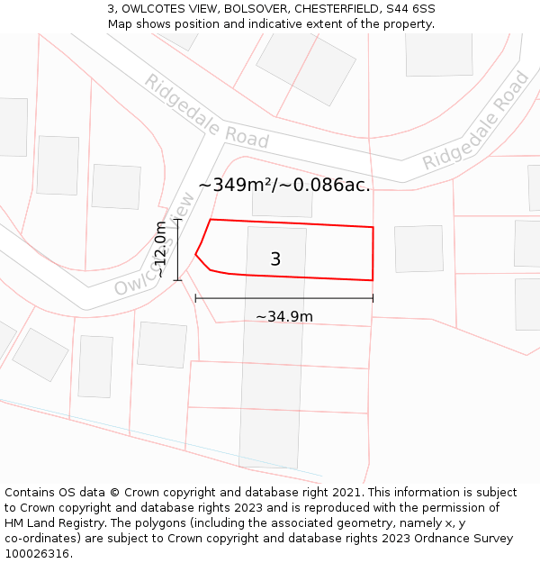 3, OWLCOTES VIEW, BOLSOVER, CHESTERFIELD, S44 6SS: Plot and title map
