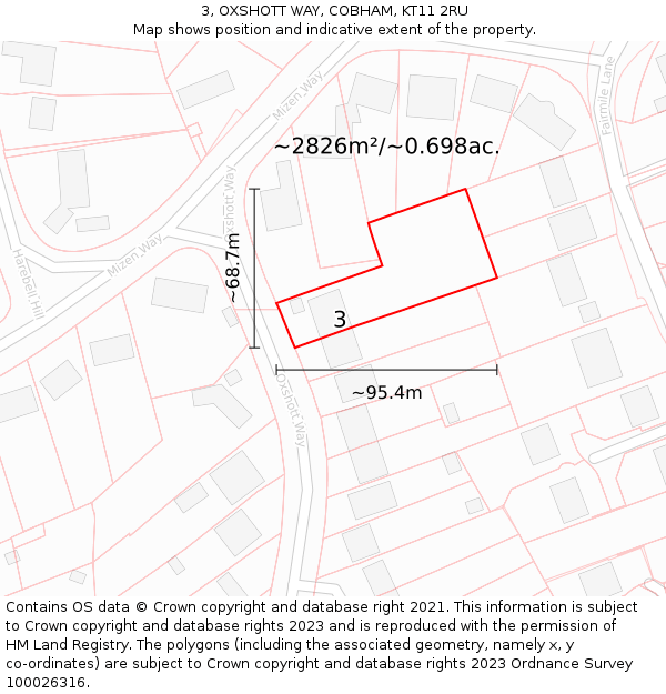 3, OXSHOTT WAY, COBHAM, KT11 2RU: Plot and title map