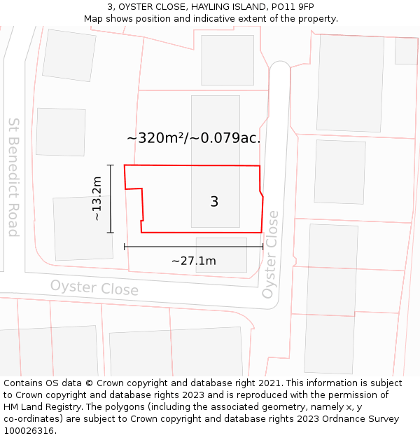 3, OYSTER CLOSE, HAYLING ISLAND, PO11 9FP: Plot and title map
