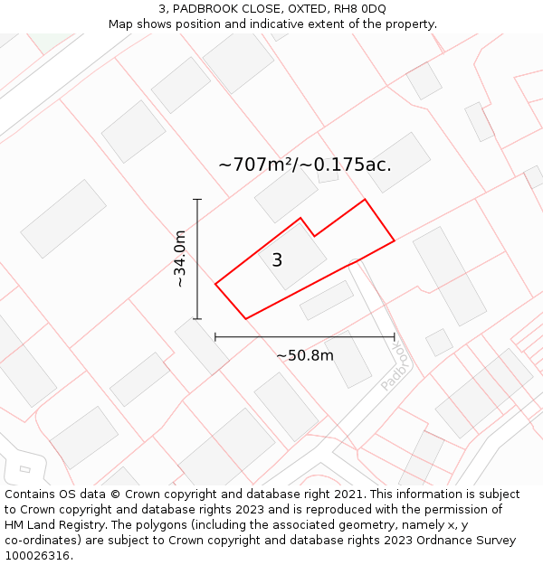 3, PADBROOK CLOSE, OXTED, RH8 0DQ: Plot and title map