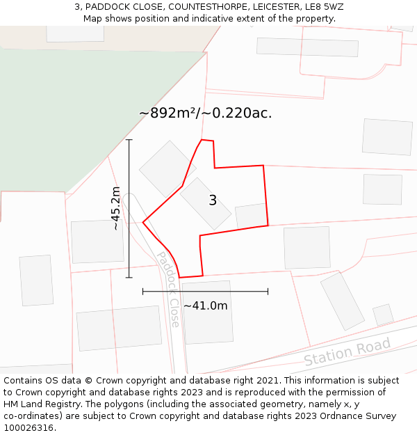 3, PADDOCK CLOSE, COUNTESTHORPE, LEICESTER, LE8 5WZ: Plot and title map