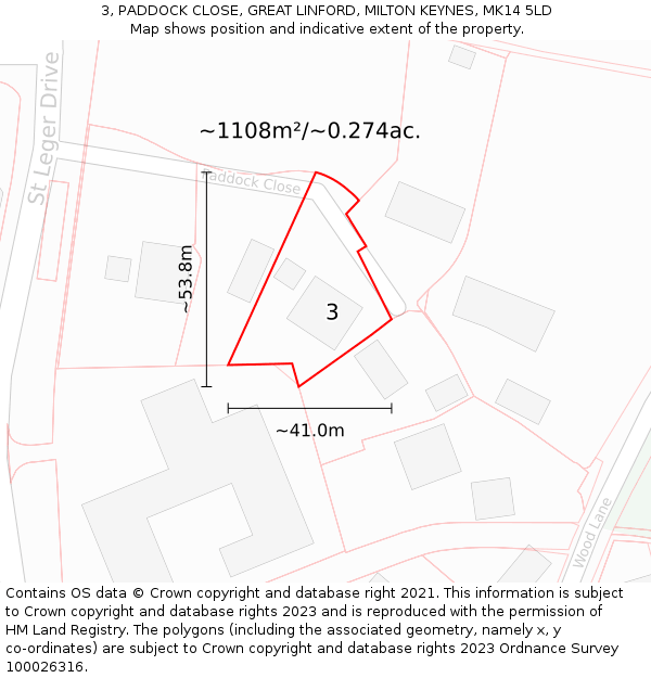 3, PADDOCK CLOSE, GREAT LINFORD, MILTON KEYNES, MK14 5LD: Plot and title map