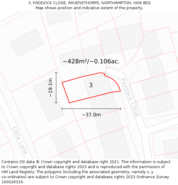 3, PADDOCK CLOSE, RAVENSTHORPE, NORTHAMPTON, NN6 8EQ: Plot and title map