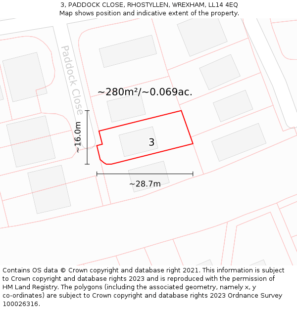 3, PADDOCK CLOSE, RHOSTYLLEN, WREXHAM, LL14 4EQ: Plot and title map
