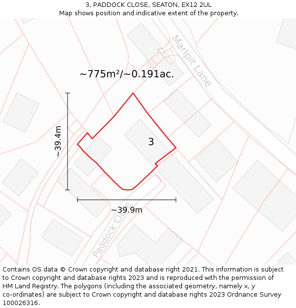 3, PADDOCK CLOSE, SEATON, EX12 2UL: Plot and title map