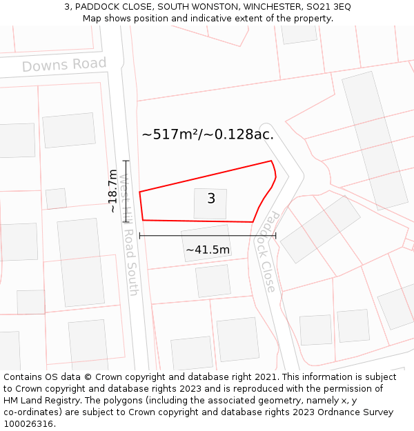 3, PADDOCK CLOSE, SOUTH WONSTON, WINCHESTER, SO21 3EQ: Plot and title map