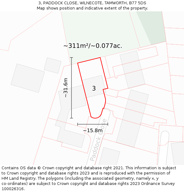 3, PADDOCK CLOSE, WILNECOTE, TAMWORTH, B77 5DS: Plot and title map
