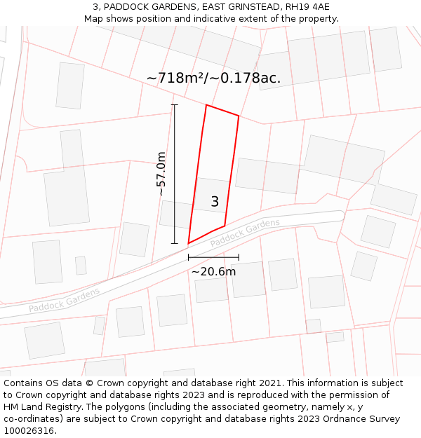 3, PADDOCK GARDENS, EAST GRINSTEAD, RH19 4AE: Plot and title map
