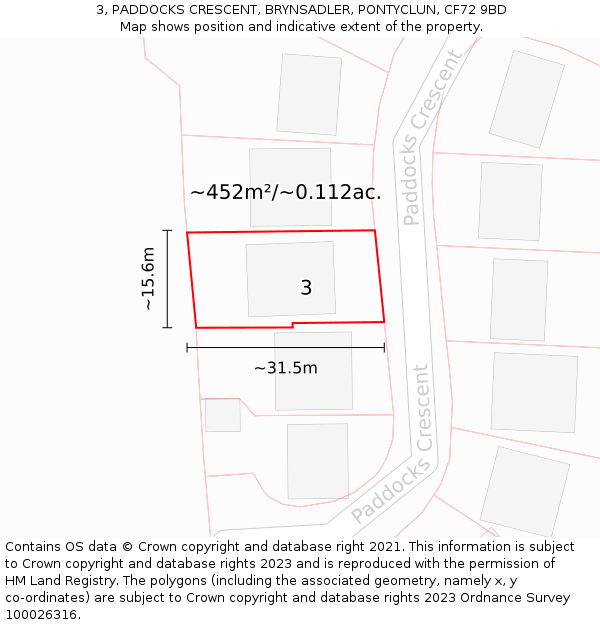 3, PADDOCKS CRESCENT, BRYNSADLER, PONTYCLUN, CF72 9BD: Plot and title map