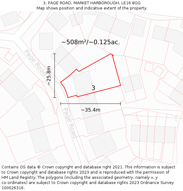 3, PAGE ROAD, MARKET HARBOROUGH, LE16 8GG: Plot and title map