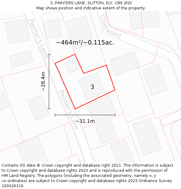 3, PAINTERS LANE, SUTTON, ELY, CB6 2NS: Plot and title map