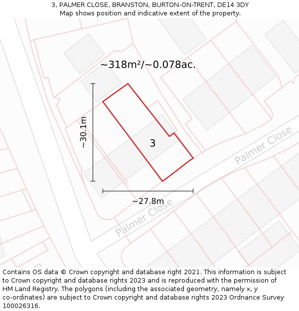 3, PALMER CLOSE, BRANSTON, BURTON-ON-TRENT, DE14 3DY: Plot and title map