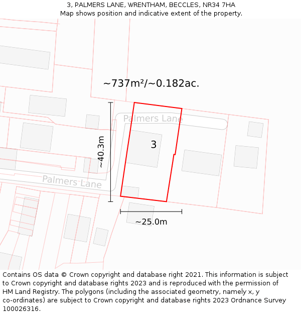 3, PALMERS LANE, WRENTHAM, BECCLES, NR34 7HA: Plot and title map