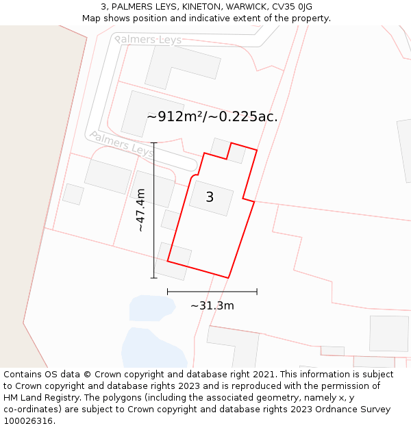 3, PALMERS LEYS, KINETON, WARWICK, CV35 0JG: Plot and title map