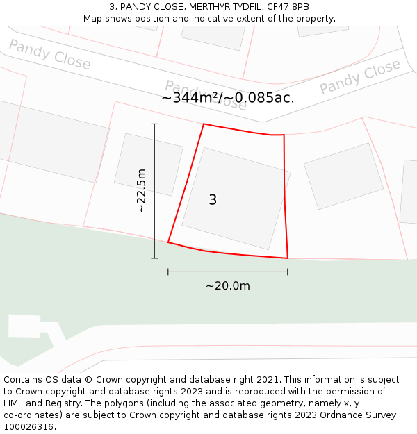 3, PANDY CLOSE, MERTHYR TYDFIL, CF47 8PB: Plot and title map