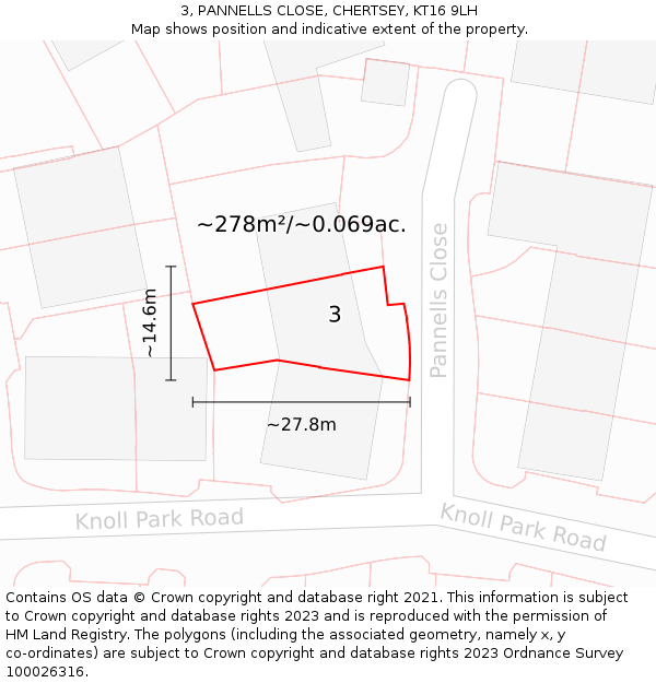 3, PANNELLS CLOSE, CHERTSEY, KT16 9LH: Plot and title map