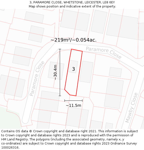 3, PARAMORE CLOSE, WHETSTONE, LEICESTER, LE8 6EY: Plot and title map
