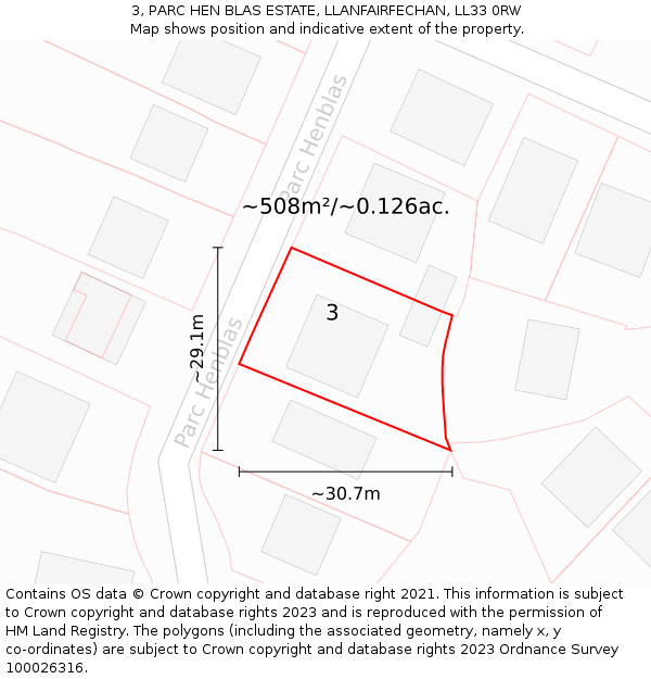 3, PARC HEN BLAS ESTATE, LLANFAIRFECHAN, LL33 0RW: Plot and title map