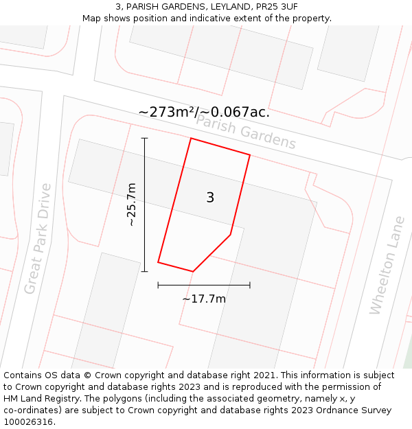 3, PARISH GARDENS, LEYLAND, PR25 3UF: Plot and title map