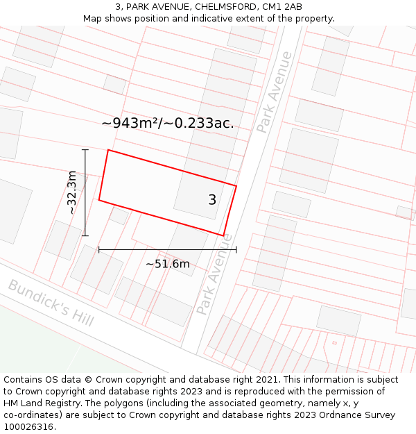 3, PARK AVENUE, CHELMSFORD, CM1 2AB: Plot and title map