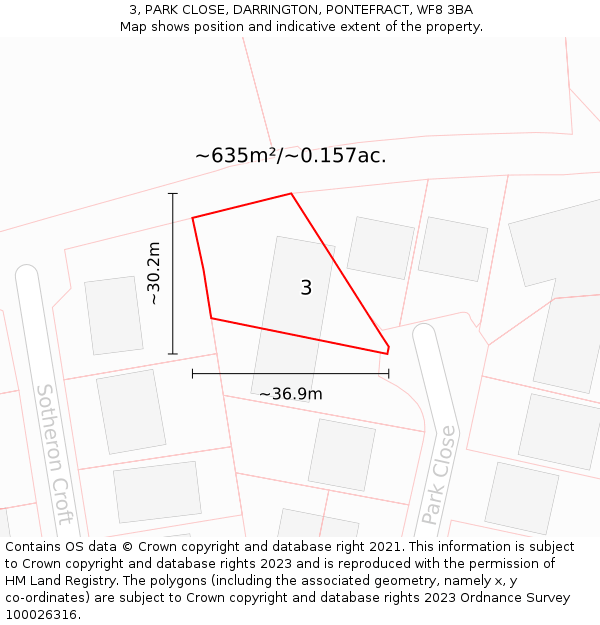 3, PARK CLOSE, DARRINGTON, PONTEFRACT, WF8 3BA: Plot and title map