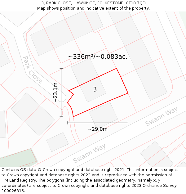 3, PARK CLOSE, HAWKINGE, FOLKESTONE, CT18 7QD: Plot and title map
