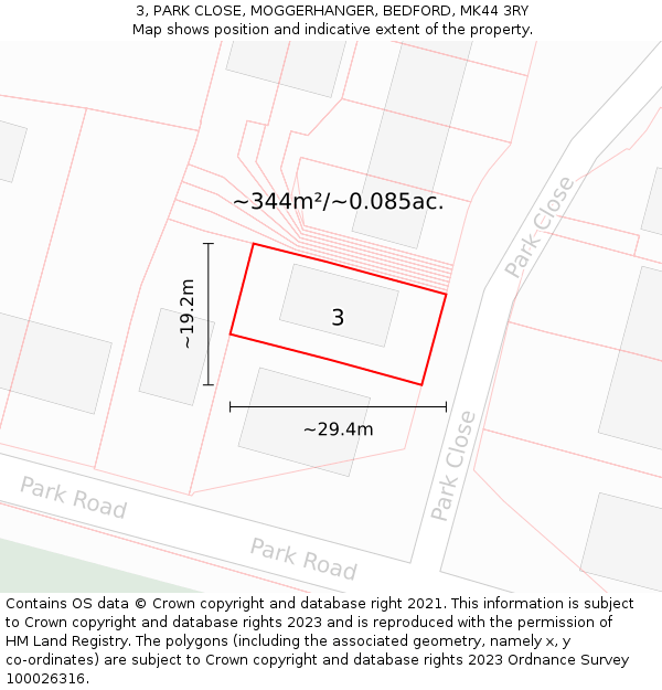 3, PARK CLOSE, MOGGERHANGER, BEDFORD, MK44 3RY: Plot and title map