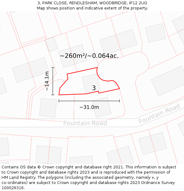 3, PARK CLOSE, RENDLESHAM, WOODBRIDGE, IP12 2UG: Plot and title map