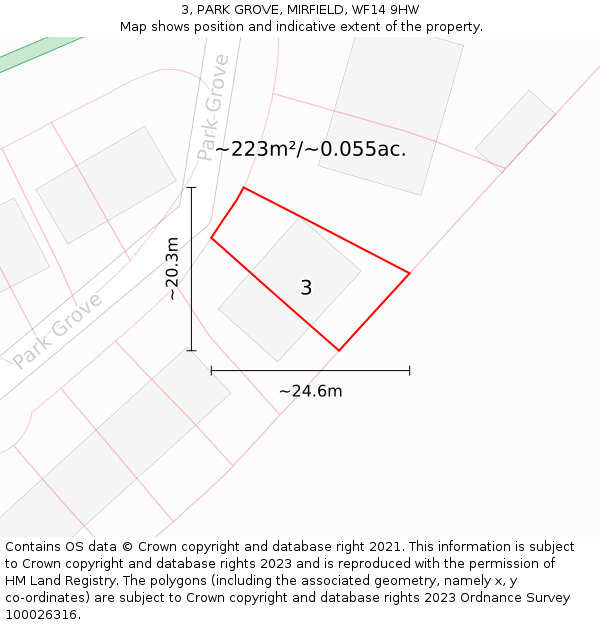 3, PARK GROVE, MIRFIELD, WF14 9HW: Plot and title map