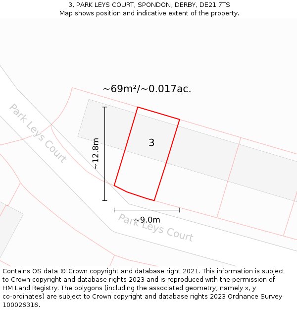 3, PARK LEYS COURT, SPONDON, DERBY, DE21 7TS: Plot and title map