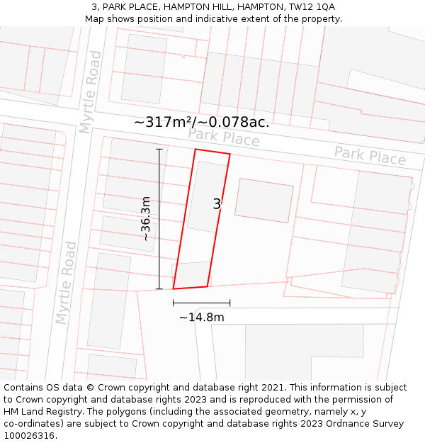 3, PARK PLACE, HAMPTON HILL, HAMPTON, TW12 1QA: Plot and title map