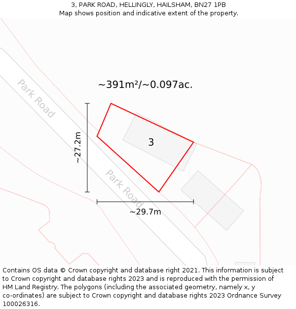 3, PARK ROAD, HELLINGLY, HAILSHAM, BN27 1PB: Plot and title map
