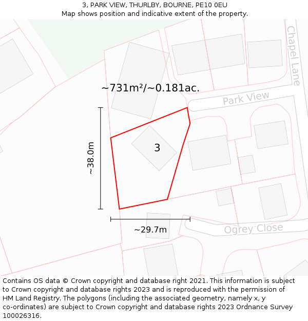 3, PARK VIEW, THURLBY, BOURNE, PE10 0EU: Plot and title map