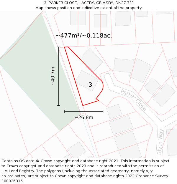 3, PARKER CLOSE, LACEBY, GRIMSBY, DN37 7FF: Plot and title map