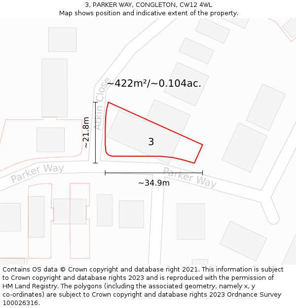 3, PARKER WAY, CONGLETON, CW12 4WL: Plot and title map