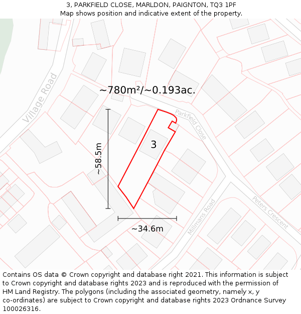 3, PARKFIELD CLOSE, MARLDON, PAIGNTON, TQ3 1PF: Plot and title map