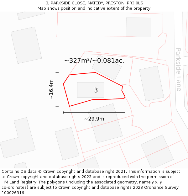 3, PARKSIDE CLOSE, NATEBY, PRESTON, PR3 0LS: Plot and title map