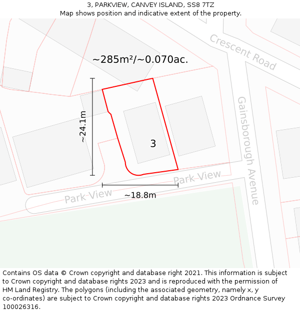 3, PARKVIEW, CANVEY ISLAND, SS8 7TZ: Plot and title map