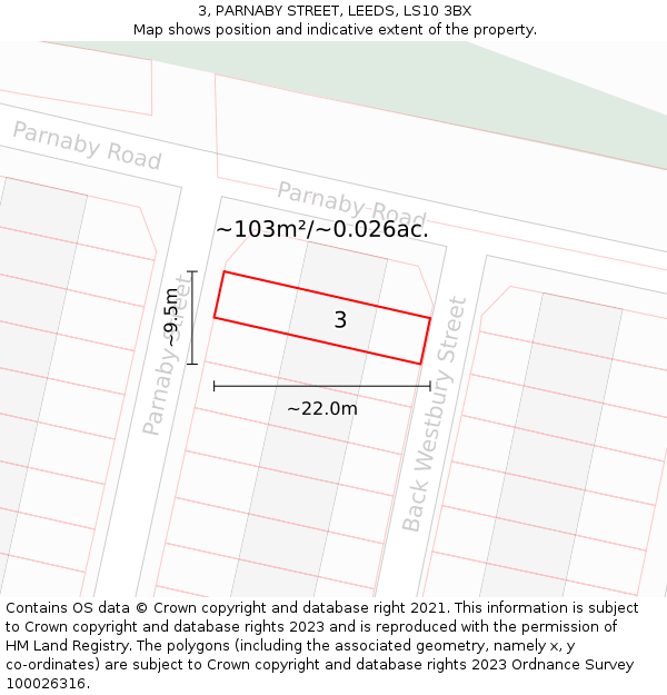 3, PARNABY STREET, LEEDS, LS10 3BX: Plot and title map