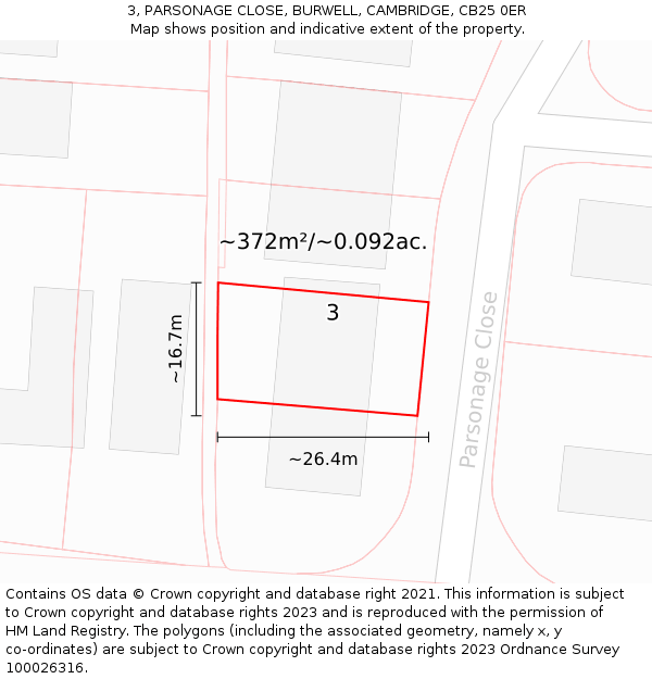3, PARSONAGE CLOSE, BURWELL, CAMBRIDGE, CB25 0ER: Plot and title map