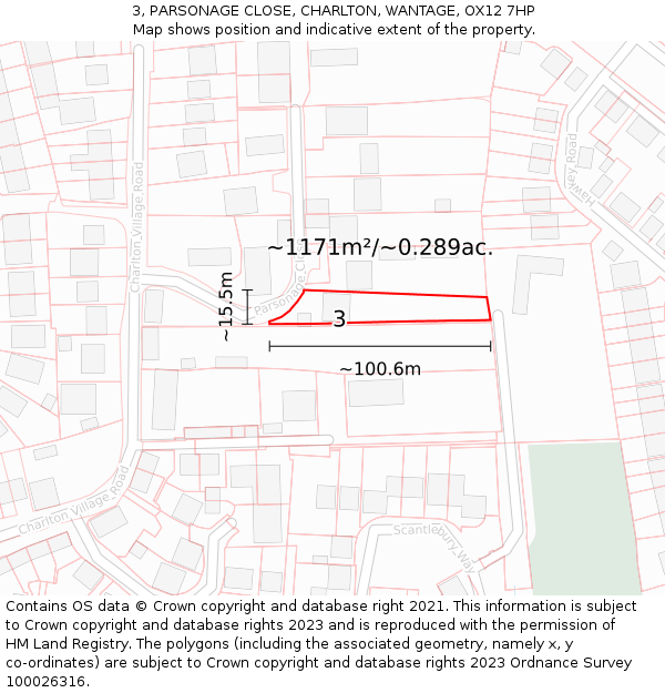 3, PARSONAGE CLOSE, CHARLTON, WANTAGE, OX12 7HP: Plot and title map