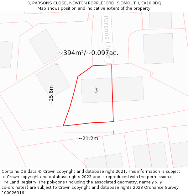 3, PARSONS CLOSE, NEWTON POPPLEFORD, SIDMOUTH, EX10 0DQ: Plot and title map