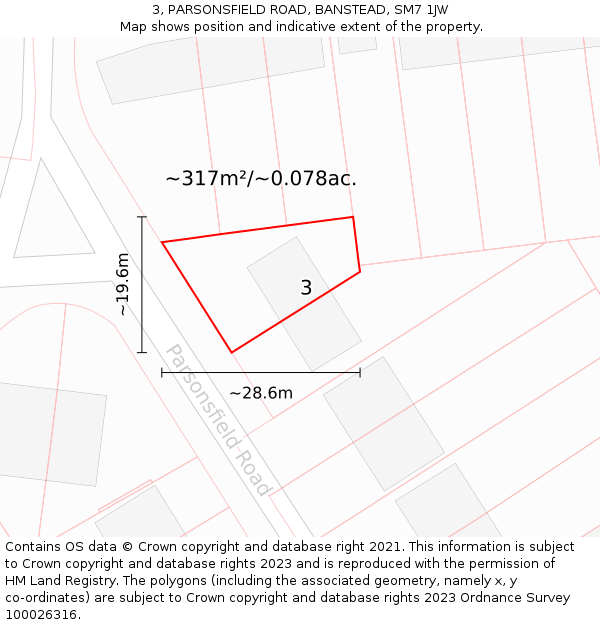 3, PARSONSFIELD ROAD, BANSTEAD, SM7 1JW: Plot and title map
